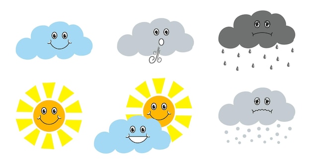 6 Arten von Wetter-Clipart-Icon-Cartoons mit Gesichtsausdruck durch Vektordesign