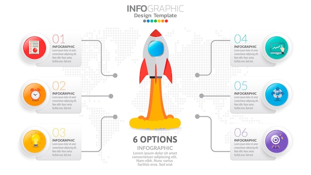 6 schritte start-infografiken mit raketenstart. geschäfts- und finanzkonzept.