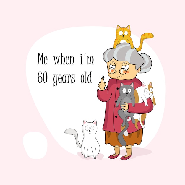 60-jährige Oma-Charakterillustration mit süßer Haustierkatze