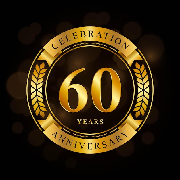 60-jähriges Jubiläumsfeier-Template-Design mit glänzendem Ring und Goldband-Lorbeerkranz isoliert auf schwarzem Hintergrund-Logo-Vektor