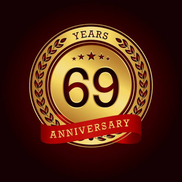 69 Jahre Jubiläum mit goldenem Kreis und rotem Band auf dunkelrotem Hintergrund