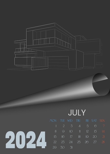 7. Juli Kalender für 2024 Vektorwandkalendervorlage Skizze für 