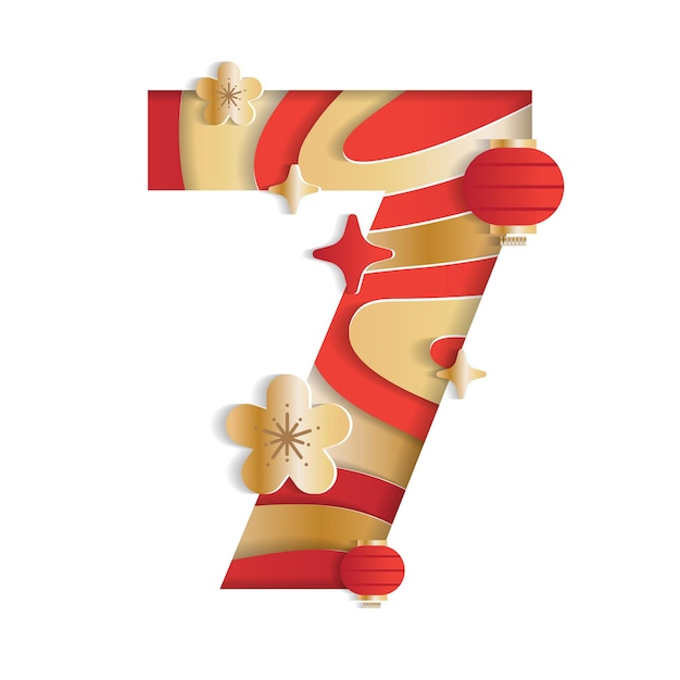 7 numerische zahl chinese new year font letter flower laterne gold red 3d paper layer cutout card