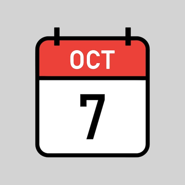 7. oktober rot-weißes kalenderblatt mit schwarzem umriss des kalenderdatums, einfache vektorillustration