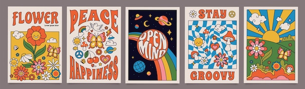 Vektor 70er groovige poster, retro-print mit hippie-elementen. cartoon psychedelische landschaft mit pilzen und blumen, vintage-funky-print-vektor-set. freier raum mit planeten und sternen, wiese mit sonnenaufgang