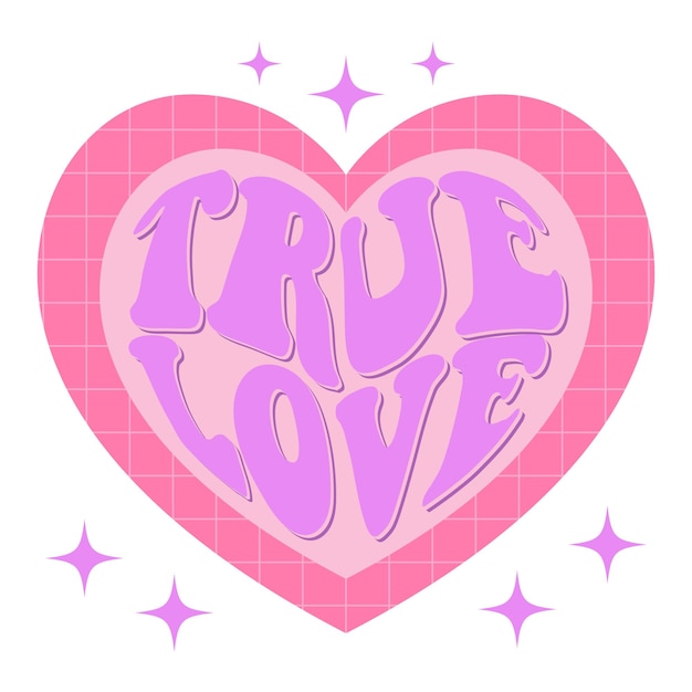 70er grooviger True-Love-Slogan. Retro-Druck mit rosa Herzsymbol für grafisches T-Shirt oder Aufkleber