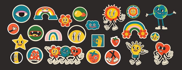70er jahre groovige illustrationen für die posterkarten oder aufkleber mit hippie-niedlichen farbenfrohen funky charakterkonzepten von verrückten geometrischen tropfenden emoticons nur guter vibes-satz