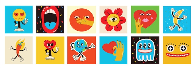 70er Jahre groovige quadratische Poster Karten oder Aufkleber Retro-Druck mit Hippie-niedlichen farbenfrohen funky Charakterkonzepten von verrückten geometrischen tropfenden Emoticons Nur guter Vibes-Satz