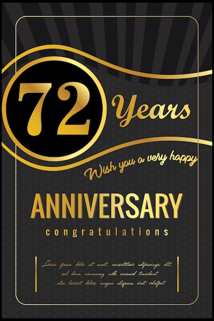 72. Jahrestag, Vektordesign für Jubiläumsfeier mit goldener und schwarzer Farbe.