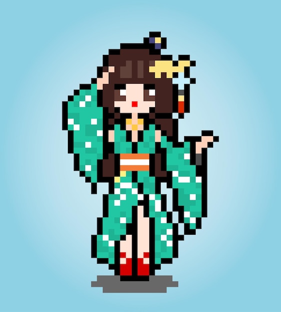 Vektor 8-bit-pixel-frauenfigur anime cartoon girl trägt kimono-kleidung in vektorgrafiken