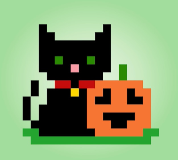 8-bit-pixel-katzen- und kürbis-halloween-themen für spiel-assets in vektorillustration