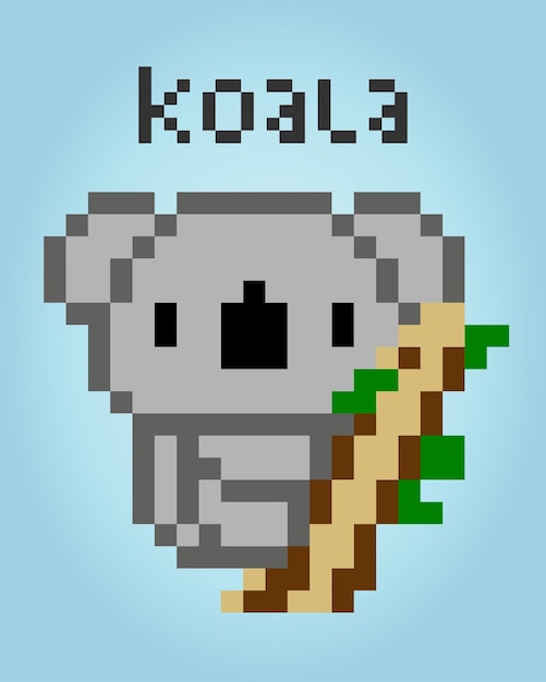 8-bit-pixel-koala-tiere für spielelemente und kreuzstichmuster in vektorgrafiken