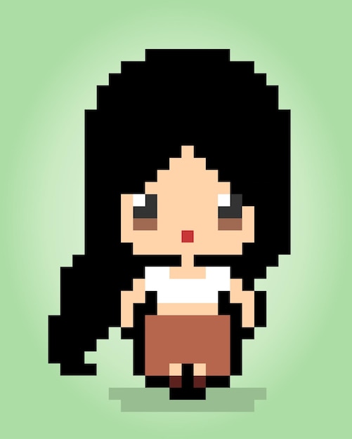 8-bit-pixel-mädchen mit langen haaren für spiel-assets in vektorgrafiken