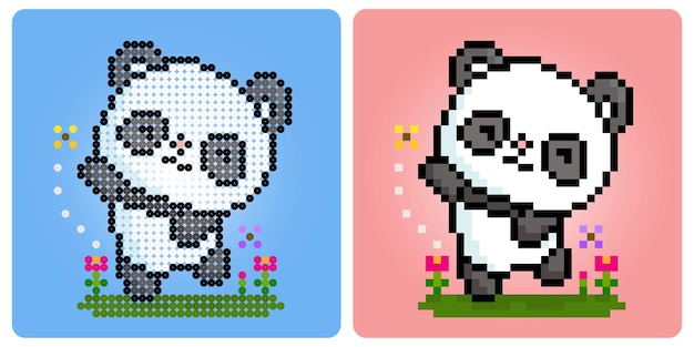 8-bit-pixel-panda, der einen schmetterling fängt tiere für perlenmuster in vektorgrafiken