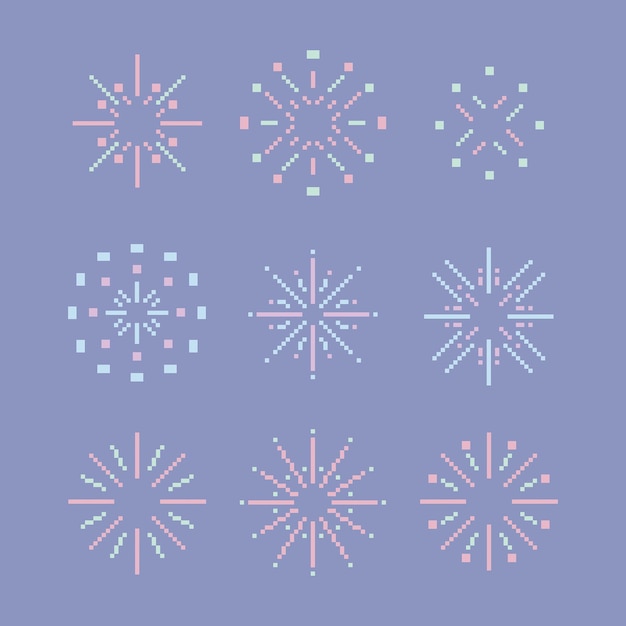 8 Bit-Pixel-Pastell-Einfache flache Linie Feuerwerkssammlung Minimal schöne Illustration isoliert