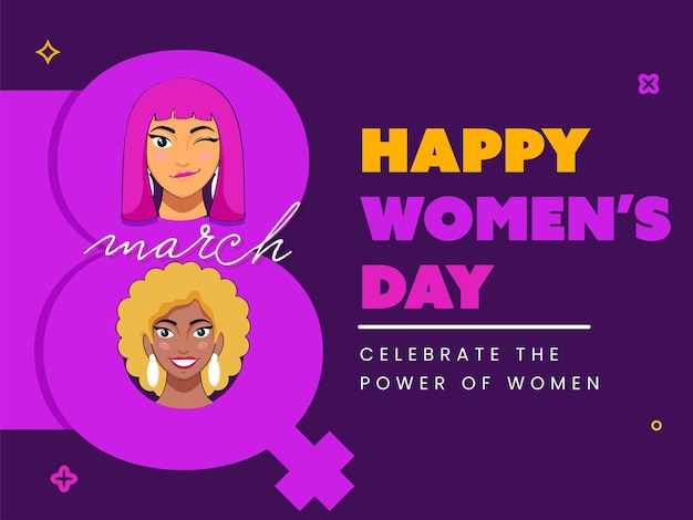 8. märz schriftart mit weiblichem geschlechtssymbol und fröhlichen jungen mädchen gesicht auf lila hintergrund für happy women's day konzept.