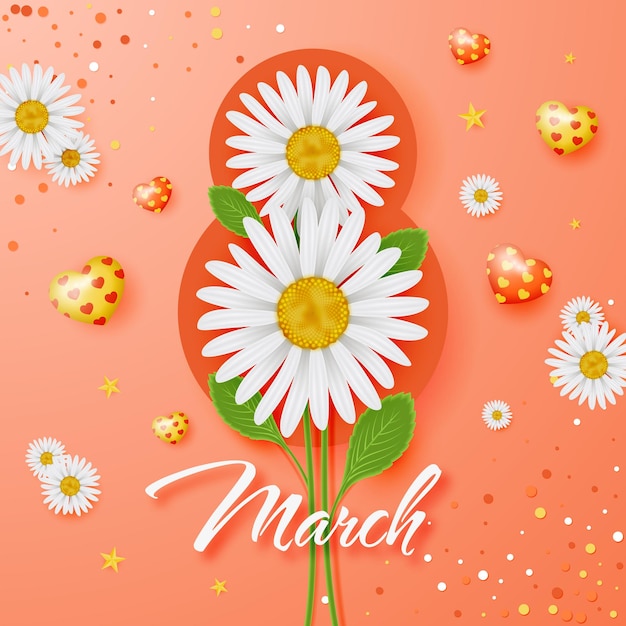 8. märz womens day poster oder banner mit blumen und herzen auf orangefarbenem hintergrund