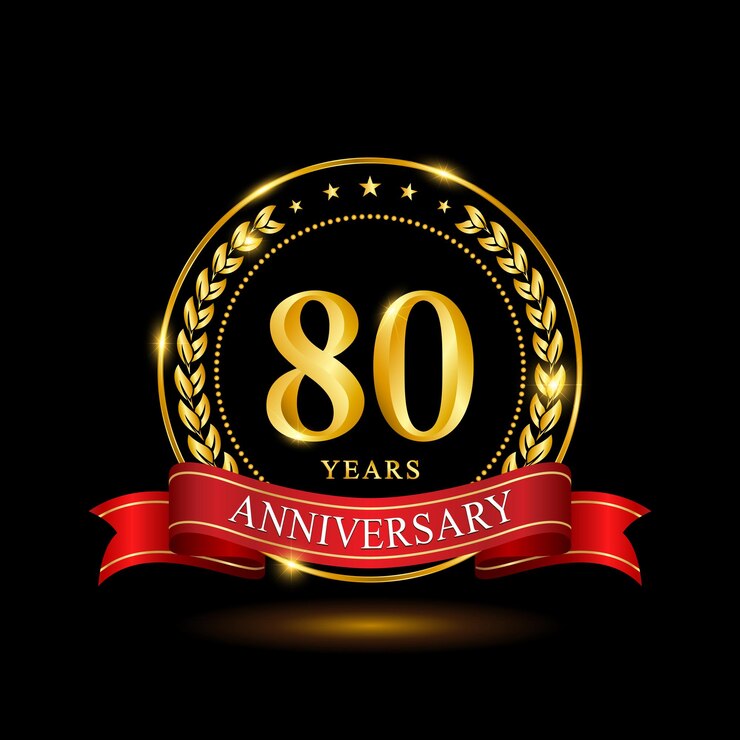 Vektor 80 jahre jubiläumsschablonendesign mit glänzendem ring und rotem lorbeerkranz mit schleife isoliert auf schwarzem hintergrund-logo-vektor