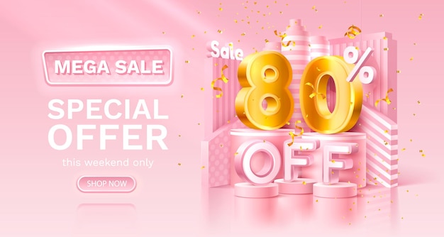 80 Prozent Sonderangebot Mega Sale goldenes Konfetti Podium und Geschenkbox Sale Banner und Poster Vector