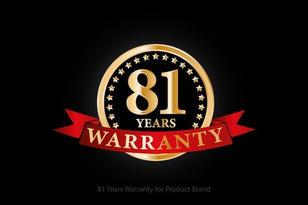 81 Jahre Garantie goldenes Logo mit Ring und rotem Band isoliert auf schwarzem Hintergrund