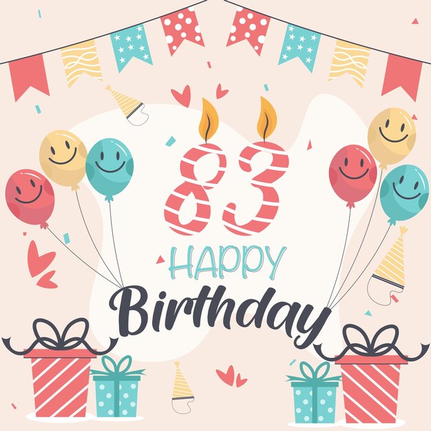 83. Happy Birthday-Vektordesign für Grußkarten und Poster mit Ballon- und Geschenkbox-Design.
