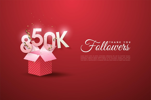 850.000 follower hintergrund mit zahlen über einer offenen geschenkbox