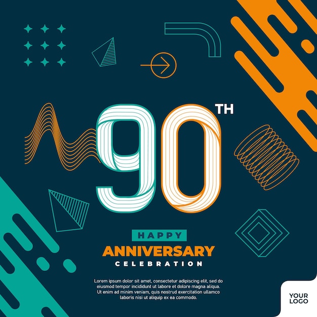 90-jähriges Jubiläums-Logo mit farbenfroher abstrakter geometrischer Form und Y2K-Hintergrund