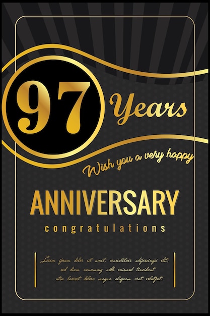 97-jähriges Jubiläum, Vektordesign für Jubiläumsfeier mit goldener und schwarzer Farbe.