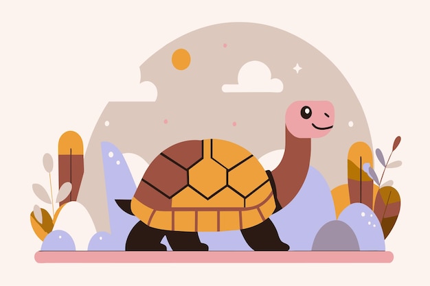 Vektor a cheerful tortoise with a backdrop of the desert and setting sun