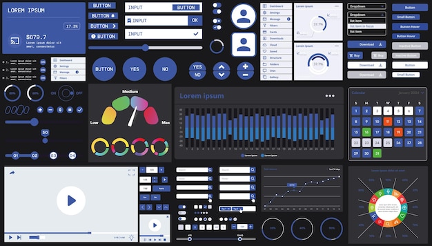 A dark set of interface elements for web and mobile applications with modern icons buttons and graphs ideal for business analytics finance and data management