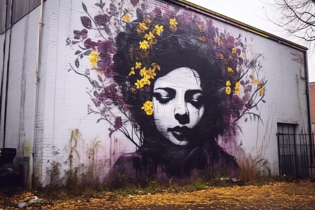 a mural of a womans face with flowers on the side of a building