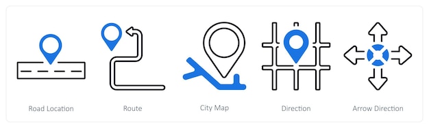 A set of 5 mix icons as road location route city map