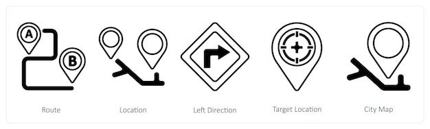 A set of 5 mix icons as route location left direction