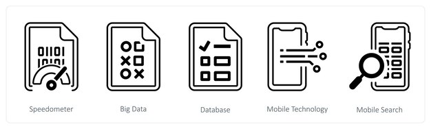A set of 5 mix icons as speedometer big data database