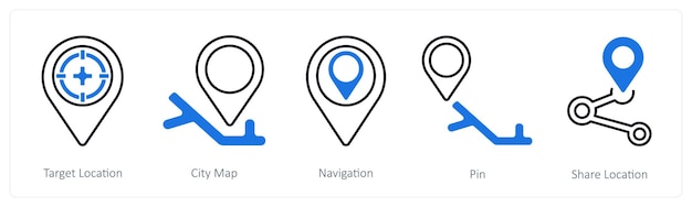 A set of 5 mix icons as target location city map navigation