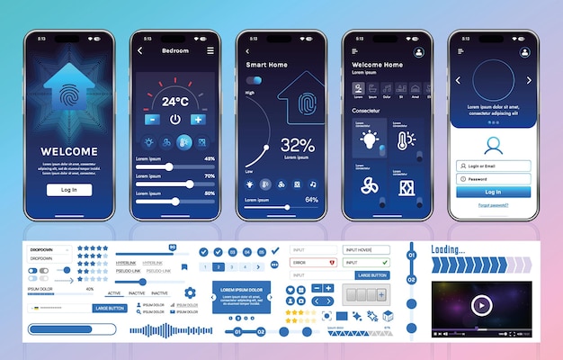 A set of UI UX elements for smart home management mobile apps an interface with buttons panels graphs and navigation for monitoring and controlling automation systems