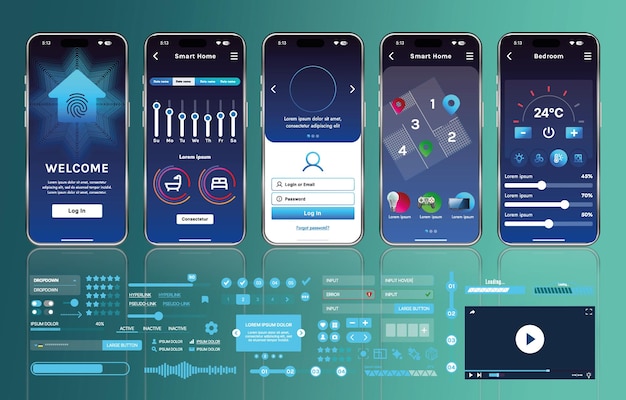 A set of UI UX elements for smart home management mobile apps an interface with buttons panels graphs and navigation for monitoring and controlling automation systems