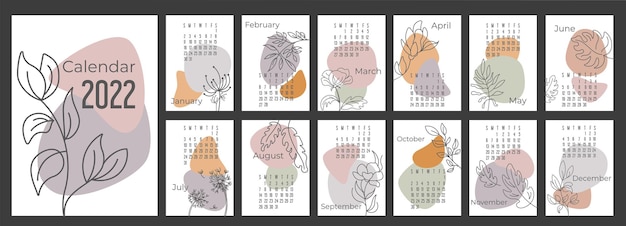 A4-kalender oder planer 2022 trendige abstrakte figuren mit handgezeichneten botanischen blumen. umschlag und 12 monatsseiten. woche beginnt am sonntag, vektorillustration pastellfarben a3 a2 a6
