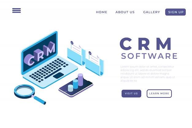 Abbildung der Systemautomatisierung mit einer CRM-Anwendung mit dem Konzept der isometrischen Landing Pages und Web-Header, CUSTOMER RELATIONSHIP MANAGEMENT