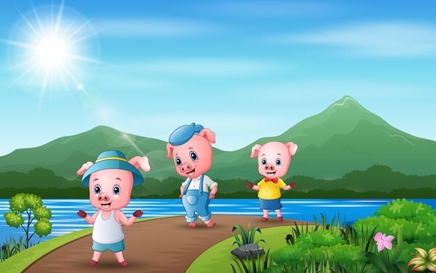 Abbildung drei von schweinen, die entlang der straße gehen
