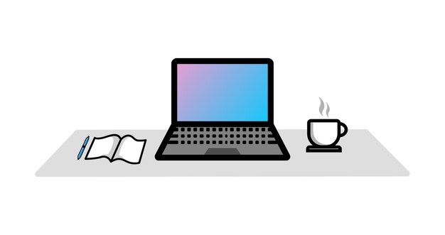 Abbildung eines Arbeitsbereichs, es gibt einen Computer, ein Notebook und eine Tasse Kaffee.