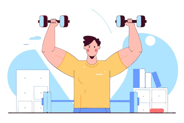 Abbildung eines Mannes, der im Fitnessstudio arbeitet, auf weißem Hintergrund