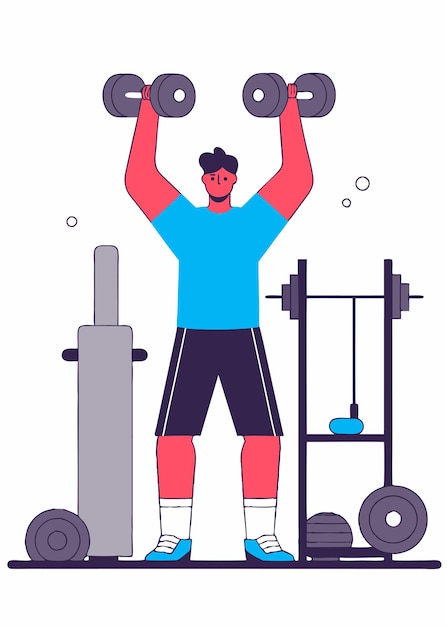 Abbildung eines Mannes, der im Fitnessstudio arbeitet, auf weißem Hintergrund