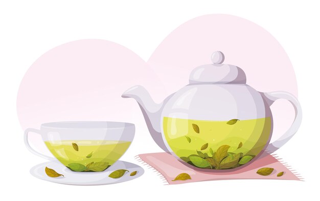 Abbildung mit Tasse Tee Teekanne und Teeblätter auf weißem Hintergrund