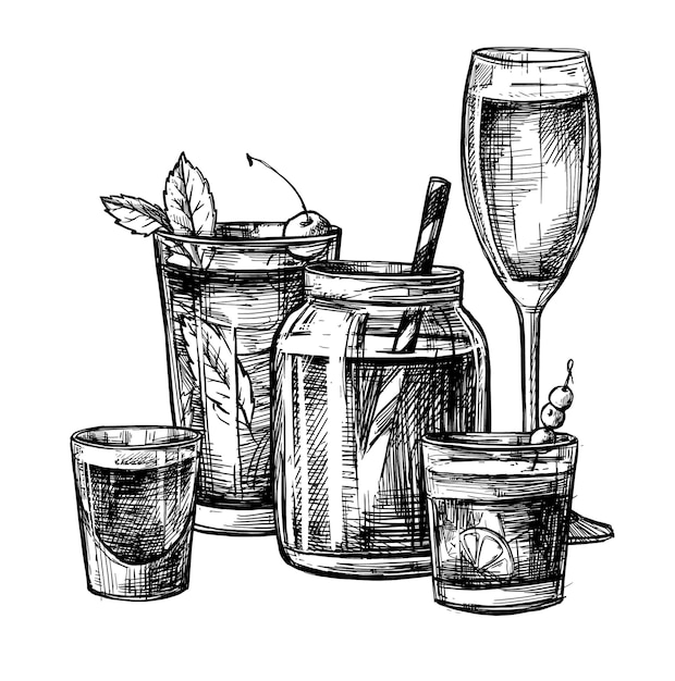 Abbildung - Sammlung von alkoholischen und alkoholfreien Cocktails.