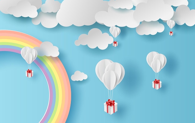 Abbildung sommerlandschaft mit einem regenbogen auf blauem himmelshintergrund. luftballons, die mit papierkunst in der luft schweben. kreatives design papierschnitt und handwerksstil. pastellfarbener ton einfach. vektor.