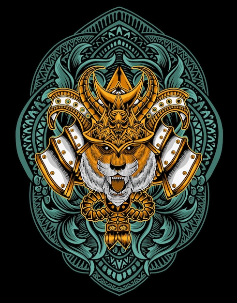 Abbildung tiger samurai-kopf mit gravur ornament