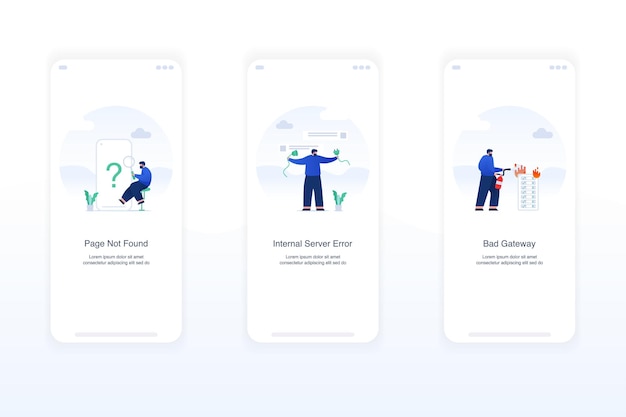 Abbildung von fehlerbildschirmen, die ausnahmen behandeln leere status seite nicht gefunden 404 interner serverfehler 500 fehlerhaftes gateway 502 modernes flaches designkonzept ui ux