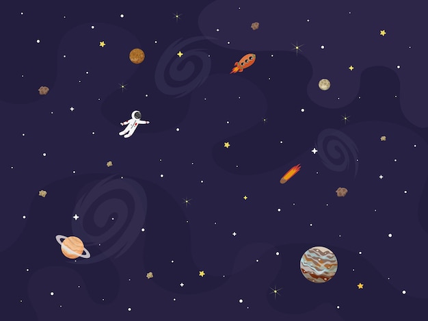 Abbildung von Raum, Universum. Niedliche Cartoon-Planeten, Asteroiden, Kometen, Raketen. Kinderillustration.