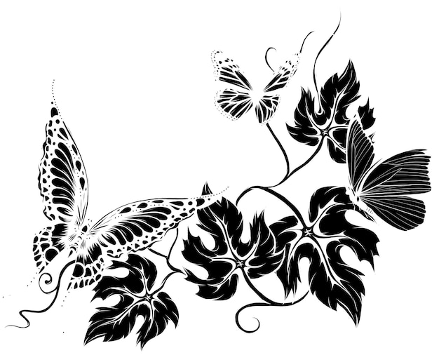 Abbildung von Schmetterlingen und Blumen, isoliert auf Weiß